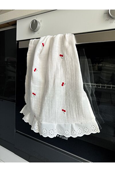 ToffyStore منشفة مطبخ من الموسلين مطرزة بنقش الكرز مع كشكشة