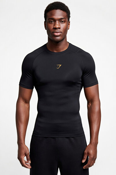 Flex Premium Shark Gold Logo Siyah Kısa Kol Compression Erkek T-Shirt Spor Gy...