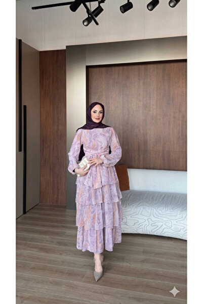 Gülsoy KAT KAT ŞİFON DESENLİ YENİ SEZON ŞIK ELBİSE