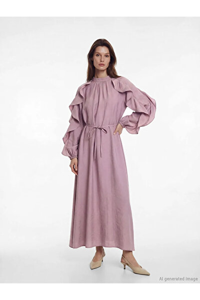 LC Waikiki LCW Modest Λιλά Γυναικείο Φόρεμα με Ψηλό Γιακά και Βολάν σε Γραμμή Α