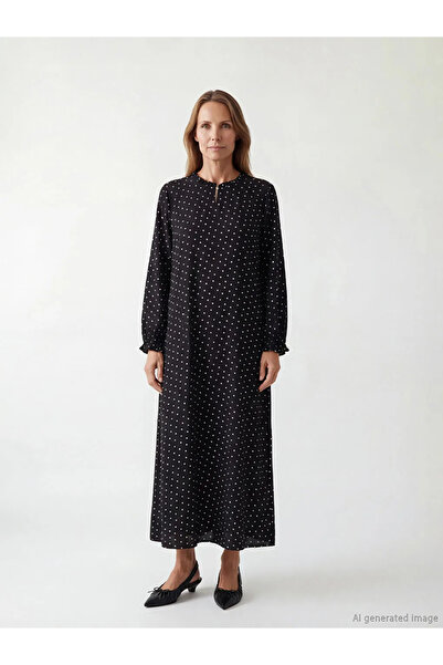 LC Waikiki LCW Grace Μαύρο Φόρεμα με Βολάν και Ψηλό Γιακά σε Γραμμή Α με Πέτρες