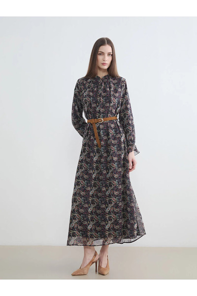 LC Waikiki LCW Modest Μαύρο Φόρεμα Σιφόν με Ζώνη και Μοντέρνο Σχέδιο στον Γιακά