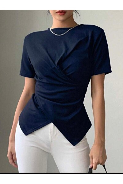 peri tower Women's Double-Breasted Detailed Draped Short Sleeve Blouse 0083