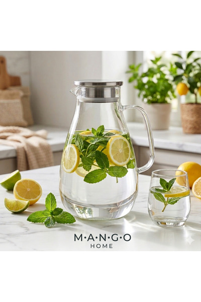 Mango Home Premium Borosilikat Isıya Dayanıklı Cam Sürahi - Çelik Kapaklı Lük...