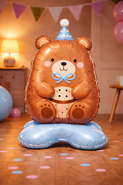 Baloncu Dede Ayıcık Folyo Balon 60 cm Mavi Detaylı Sevimli Ayı Doğum Günü Par...