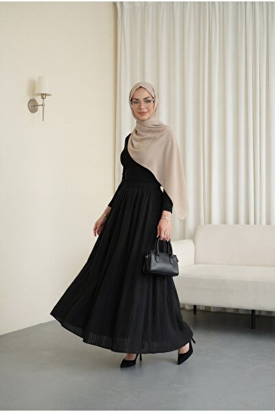 Modamorfo Elastic waist lined long waffle skirt - black