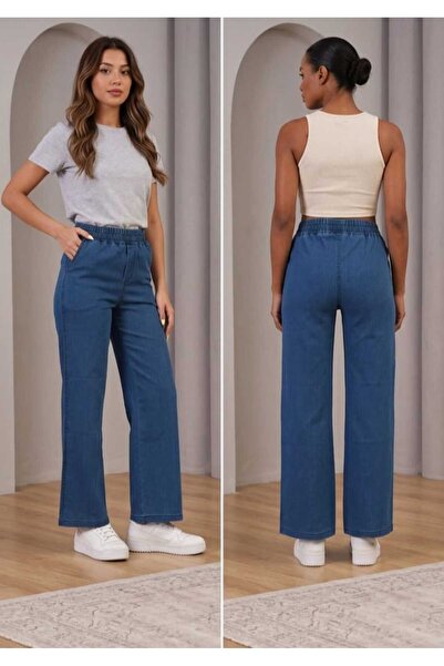 NEŞA KOTÇU Kadın Kot Pantolon Beli Lastikli Yüksek Bel Likralı PLAZZO Büyük-Küçük Beden Jeans