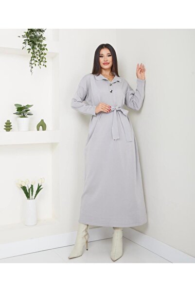 moda dıcasso فستان بياقة بولو من نسيج خفيف مقاوم للتكور مع حزام وأزرار