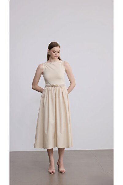 SevdeUgur Kadın Sıfır Kol Kemerli Maxi Boy Kombin Elbise - Sevde Ugur