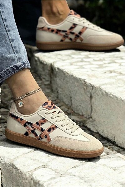 Nubbock Γυναικεία Κρεμ Αθλητικά Παπούτσια με Επίπεδη Σόλα και Ρίγες Λεοπάρ NK...