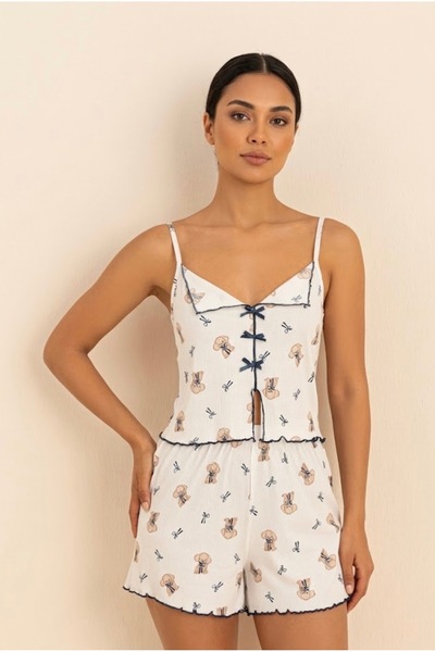 Kadın Pamuklu Fiyonk Detaylı Askılı Şortlu Pijama Takımı