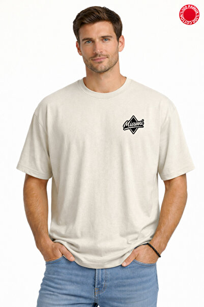 DUBU BUTİK Unisex Oversize T-Shirt Miami Printed 100% Cotton Beige Basic Loos...