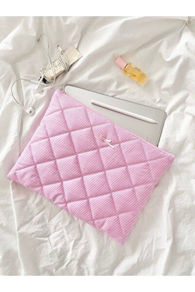 Lulishop Pembe Çizgili Kapitone Tablet Kılıfı 10-11 İnç Fermuarlı Koruyucu iP...
