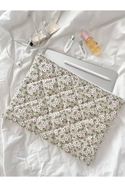 Lulishop Yeşil Çiçek Desenli Kapitone Tablet Kılıfı 10-11 İnç Fermuarlı Koruy...