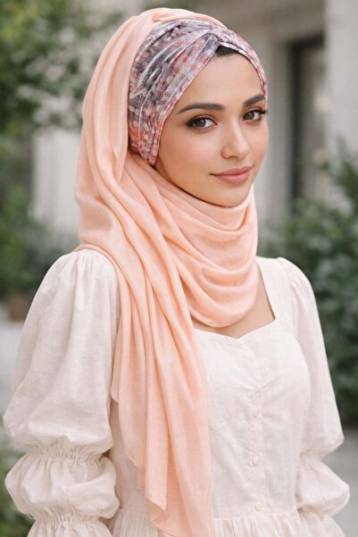 Aişe tesettür Salmon Soft Patterned Gathered Ready-To-Wear Shawl