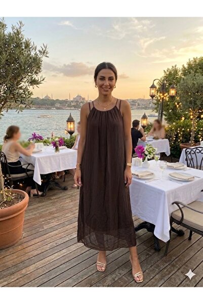 AYASOFYA OTANTIK Rochie de damă din mătase, italiană, maro, cu model simplu ș...