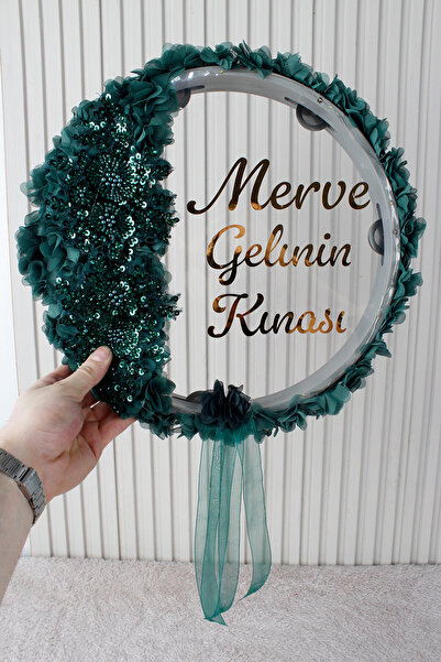 Mortex Yeşil Aplik ve 3D Çiçek Süsleme LED’li Şeffaf Gelin Tefi 32 cm Kına Dü...