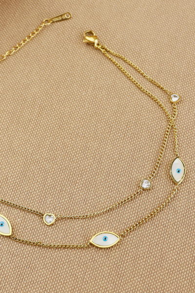 Keyifli Hayaller 316L Steel Anklet - 2-Piece Combination Evil Eye Heart Stone...