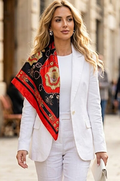 CAŞ DEKORASYON Red Color Mixed Patterned Satin Shawl Scarf 90X90Cm