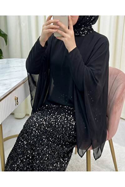 Modamorfo Cape Dress with Sequin Detail on the Collar and Skirt - Black