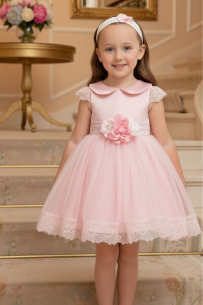 Pamina Powder Baby Dress with Lace Sleeves and Floral Headband (6–24 Months) ...