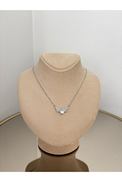 LARİS ACCESSORİES Taşlı Kanatlı Taçlı Kalp Model Silver Çelik Kolye