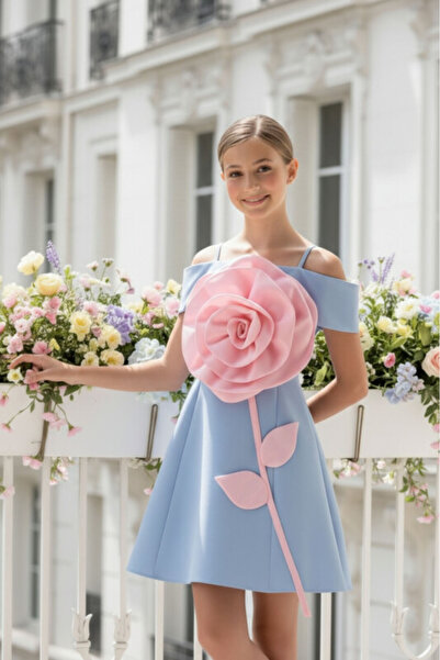 Pamina Blue Girls 3D Rose Detail Dress 8-15 AGE 36093PR