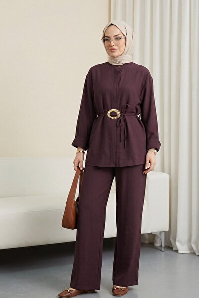 Modamorfo Cupra Suit with Belted Waist and Half-Buttoned Trousers - Plum