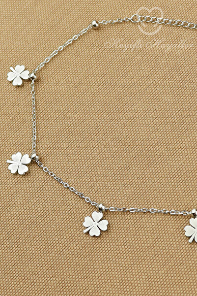 Keyifli Hayaller 316L Steel Anklet - 4-Leaf Silver Clover Chain 316L Steel An...