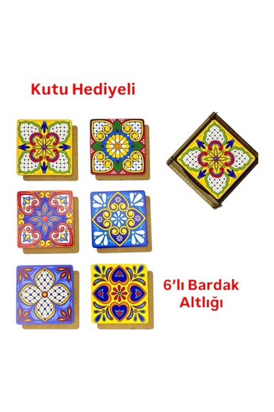 Smyrna Set of 6 Coasters, Gift Box, Decorative Presentation Holder, Floral Pa...