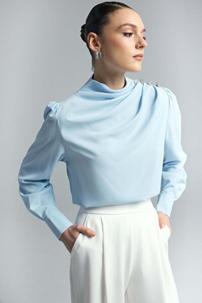 Sateen Buttoned Blouse with Stone Detail - Blue