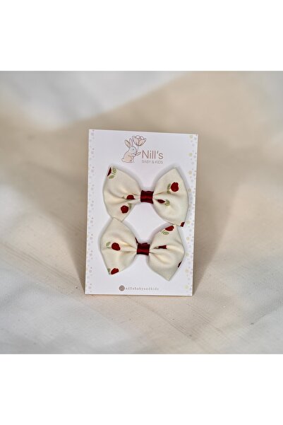Nills Baby & Kids Cherry Patterned Bowknot Hairpin Set - Burgundy Cream 2-Piece