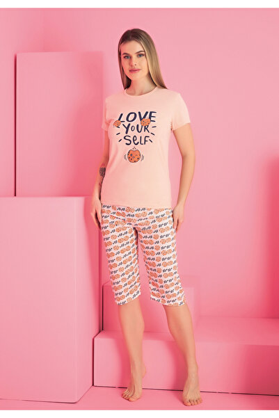 RİNDA Γυναικεία βαμβακερή πυτζάμα - μπλουζάκι και παντελόνι 3/4, ροζ με στάμπ...