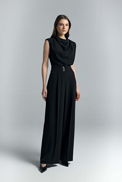 Sateen Παντελόνι Talia με λεπτομέρεια στο κουμπί - Μαύρο