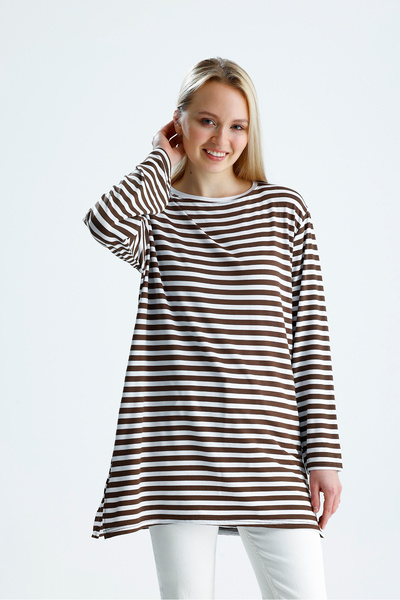 Rawanda Women's Oversized Striped Long Sleeve Combed Cotton Tunic