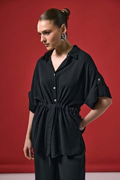 Sateen Πουκάμισο κιμονό με δέσιμο στη μέση - Μαύρο