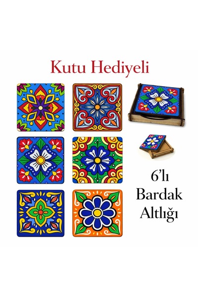 Smyrna Set of 6 Coasters, Gift Box, Decorative Presentation Holder, Floral Pa...