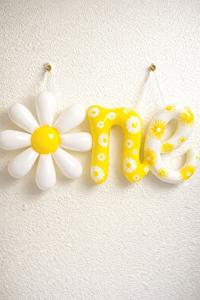 Baloncu Dede Papatya One Written Foil Balloon Set 117 cm Yellow White Birthda...