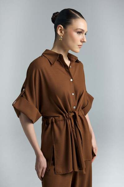 Sateen Πουκάμισο κιμονό με δέσιμο στη μέση - Καφέ