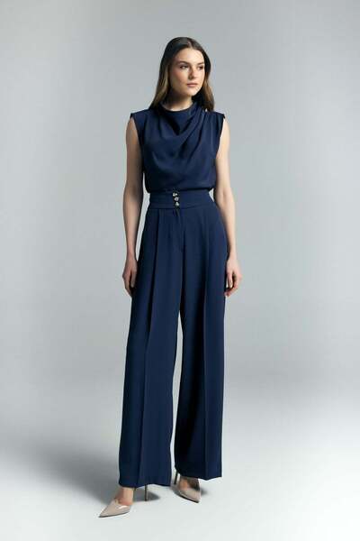 Sateen Παντελόνι Talia με λεπτομέρεια στα κουμπιά - Ναυτικό μπλε