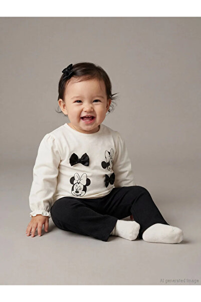 LC Waikiki Lcw Baby Ekru Minnie Mouse Printed Baby Girl Blouse and Leggings