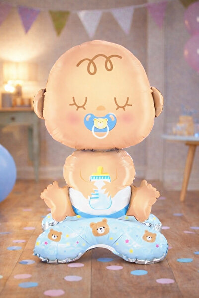 Baloncu Dede Bebek Figürlü Folyo Balon 63 cm Mavi Emzikli Erkek Bebek Baby Sh...