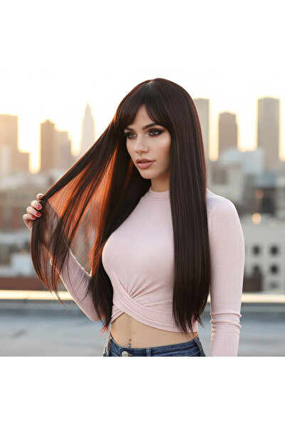 Generic Brand Fiber Sen Long Straight Wig with Bangs / Dark Brown