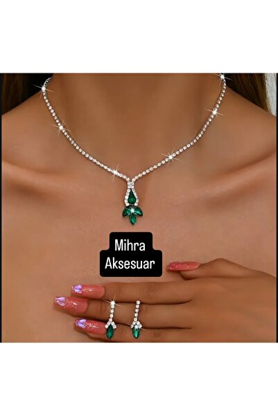 Mihra Aksesuar Green Center Stone Necklace and Earring Set