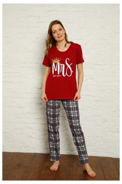 BOYRAZ Γυναικεία βαμβακερή πυτζάμα, μπλουζάκι με στάμπα  "Mrs " και ασορτί μα...
