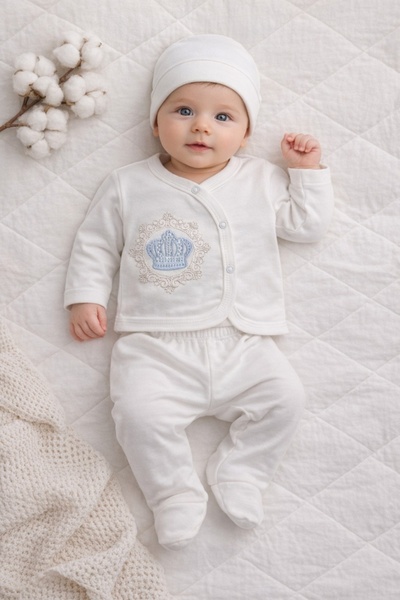 Pure Boutique Set nou nascut 3 piese bumbac alb cu coronita albastra body pan...