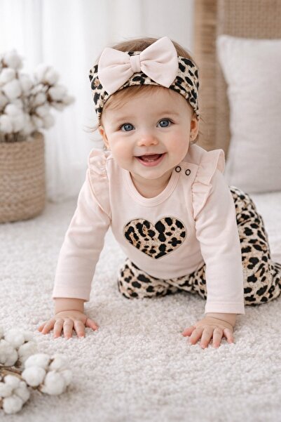 Pure Boutique Set bebe 3 piese body pantaloni bentita leopard roz inimioara b...