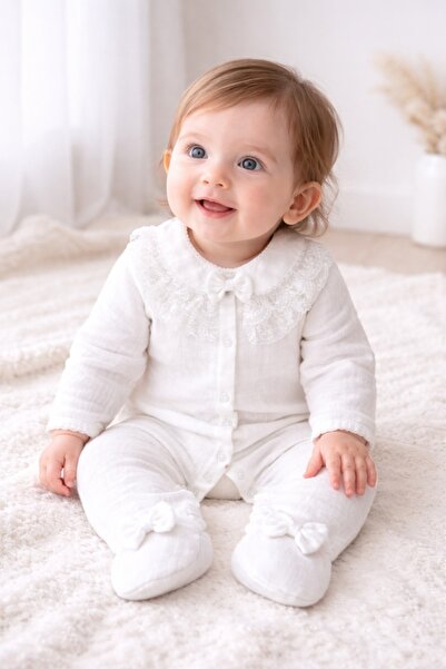 Pure Boutique Κομψό λευκό μουσλινένιο βρεφικό ολόσωμο φορμάκι για κορίτσι με ...