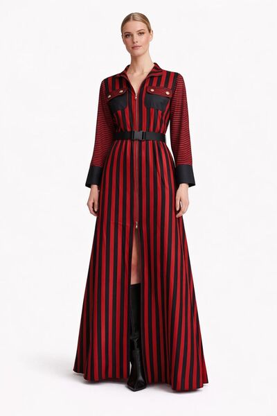 ALYEL NAKER Red&Black Striped Maxi Taffeta Stylish Dress