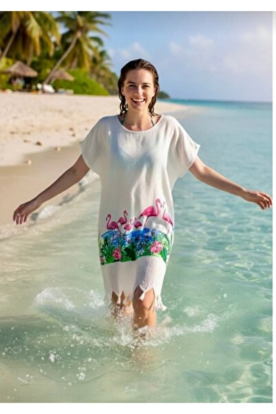 ELİTE NOVA SHOPPİNG أورجانيك بامبو منسوج %100 قطن باريو - فستان شاطئ فضفاض بم...